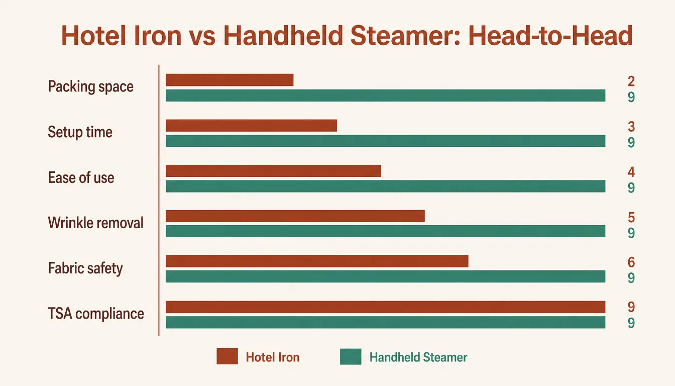 Side-by-side comparison chart of portable steamer versus hotel iron on key travel metrics