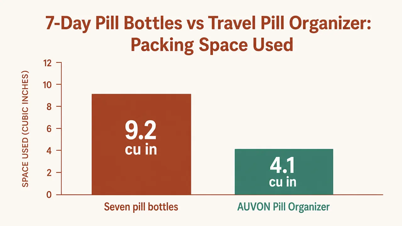 Side-by-side comparison showing four bulky prescription bottles next to a single slim pill organizer
