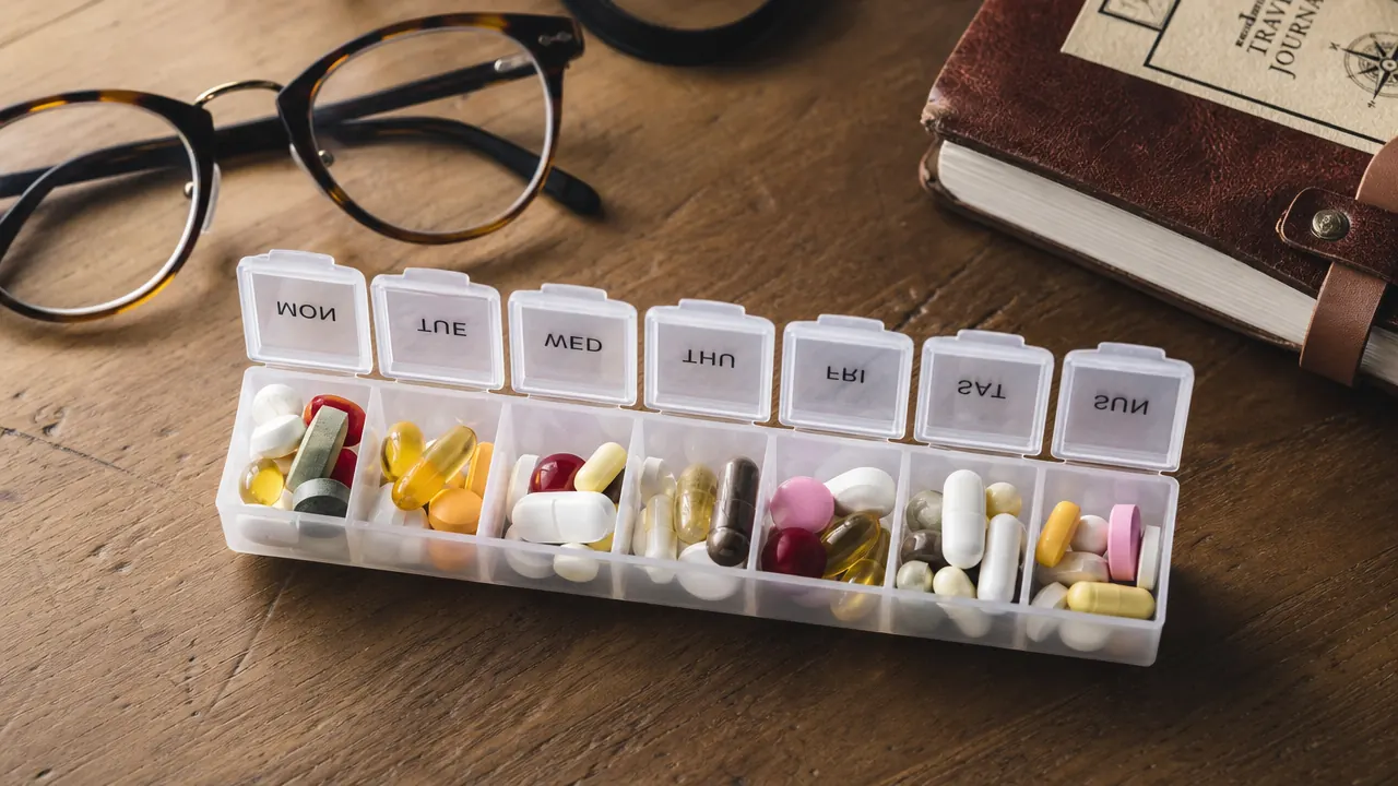 AUVON pill organizer placed flat on an airplane tray table beside a bottle of water and earbuds