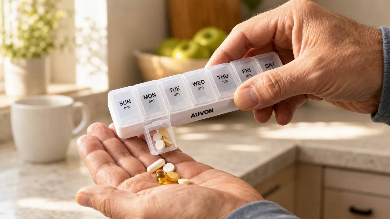 Hands opening the snap-latch lid on the AUVON pill organizer compartment