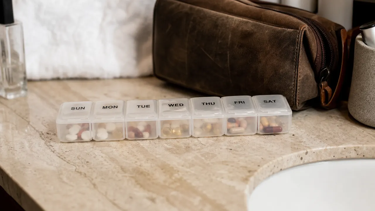 AUVON pill organizer tucked inside a motorcycle pannier bag next to a map and water bottle