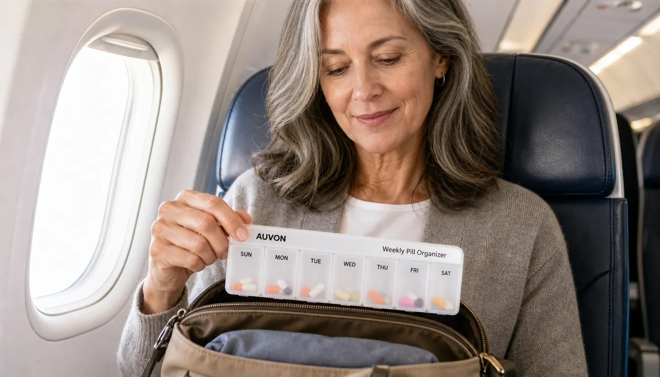 Hand filling AUVON pill organizer compartments with daily medications before a trip