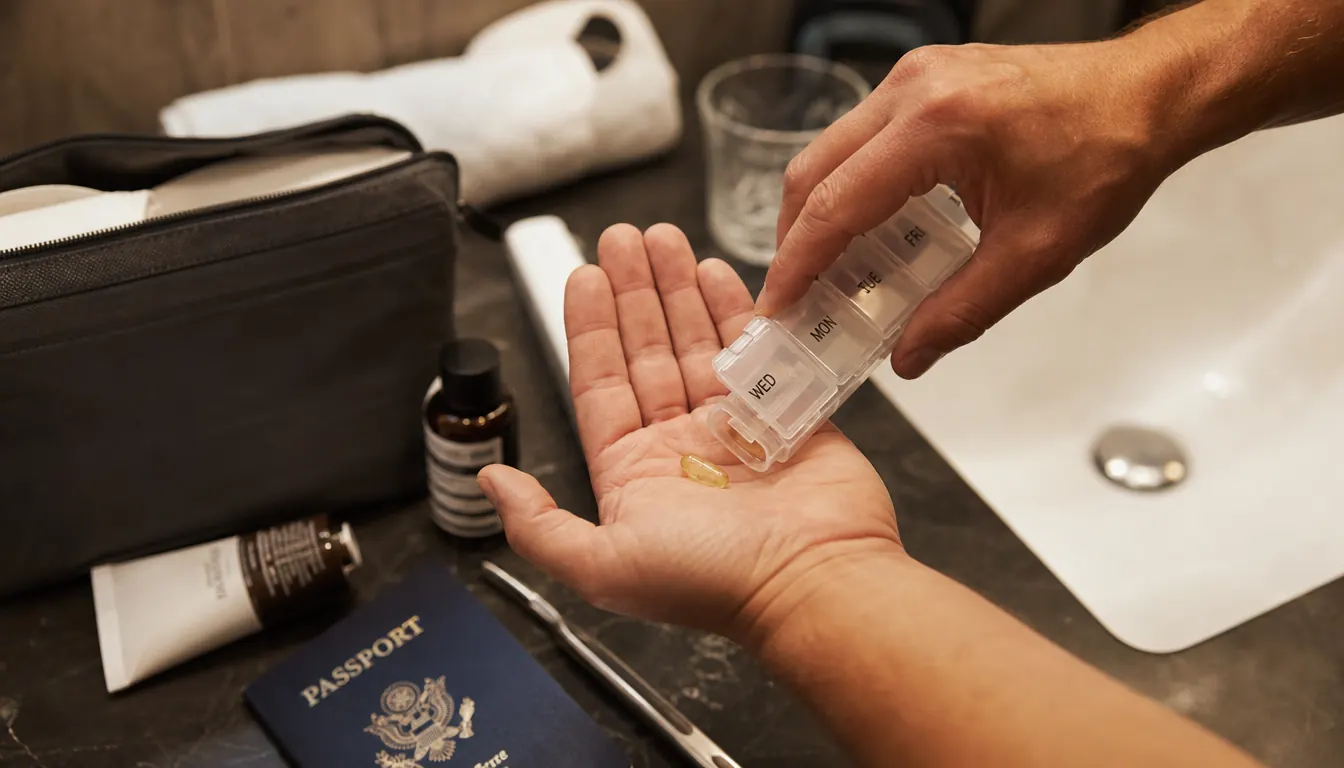 AUVON pill organizer inside an open travel bag surrounded by passports and travel documents
