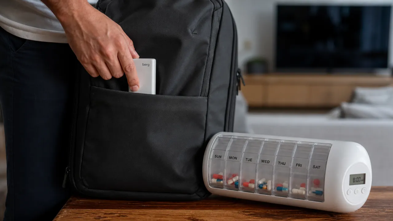AUVON pill organizer tucked into a small toiletry pouch inside an open carry-on bag