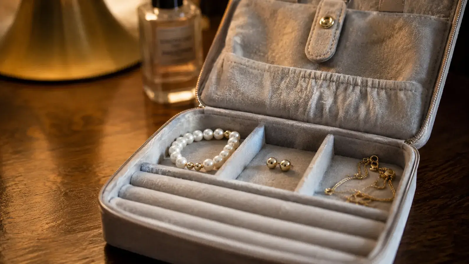 BAGSMART jewelry roll sitting in a motorcycle tank bag alongside a passport and sunglasses