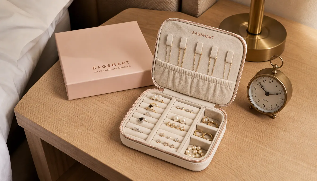 BAGSMART jewelry roll rolled up and tied shut, fitting inside a shirt pocket