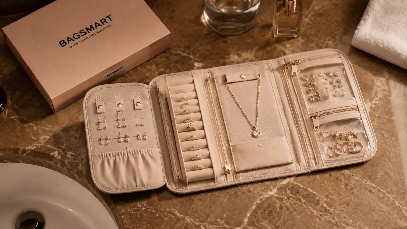 Open BAGSMART jewelry roll laid flat showing ring rolls, earring slots, and necklace compartment organized neatly