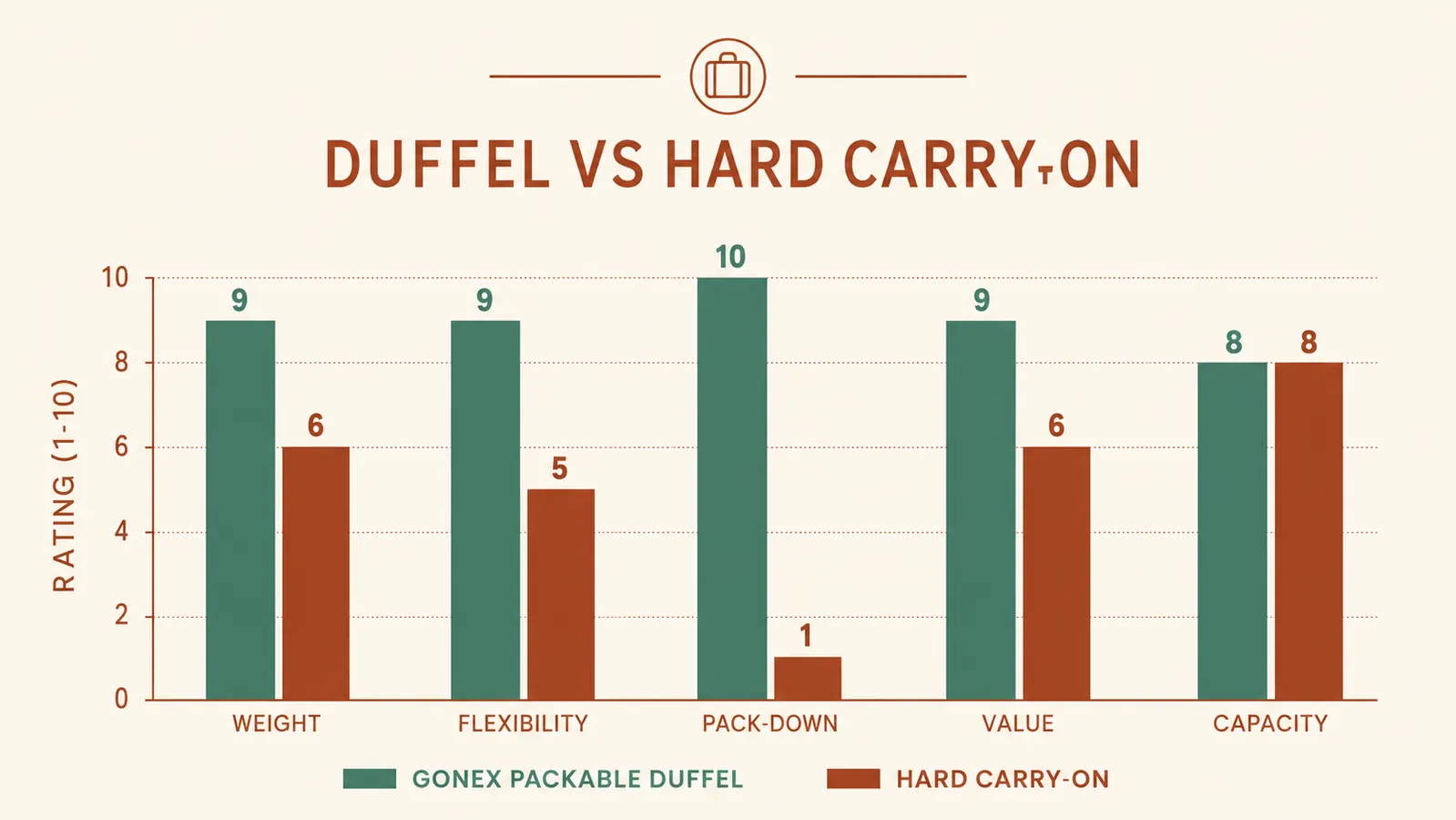 Side-by-side size comparison chart: Gonex duffel packed dimensions versus Away carry-on dimensions
