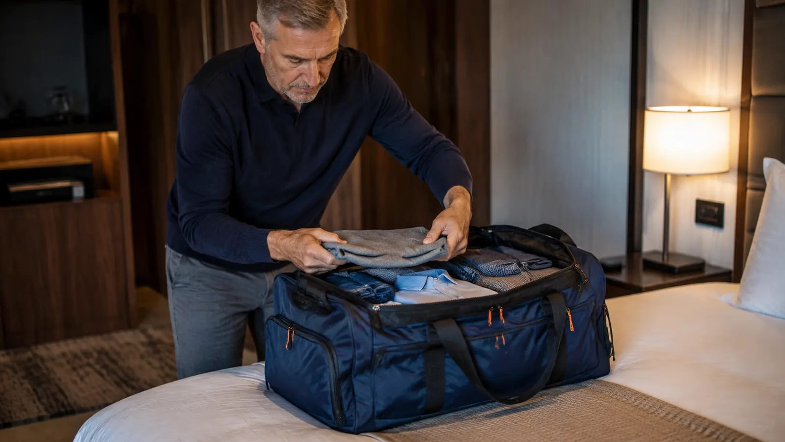 Gonex packable duffel stored in overhead bin next to a hard-shell carry-on