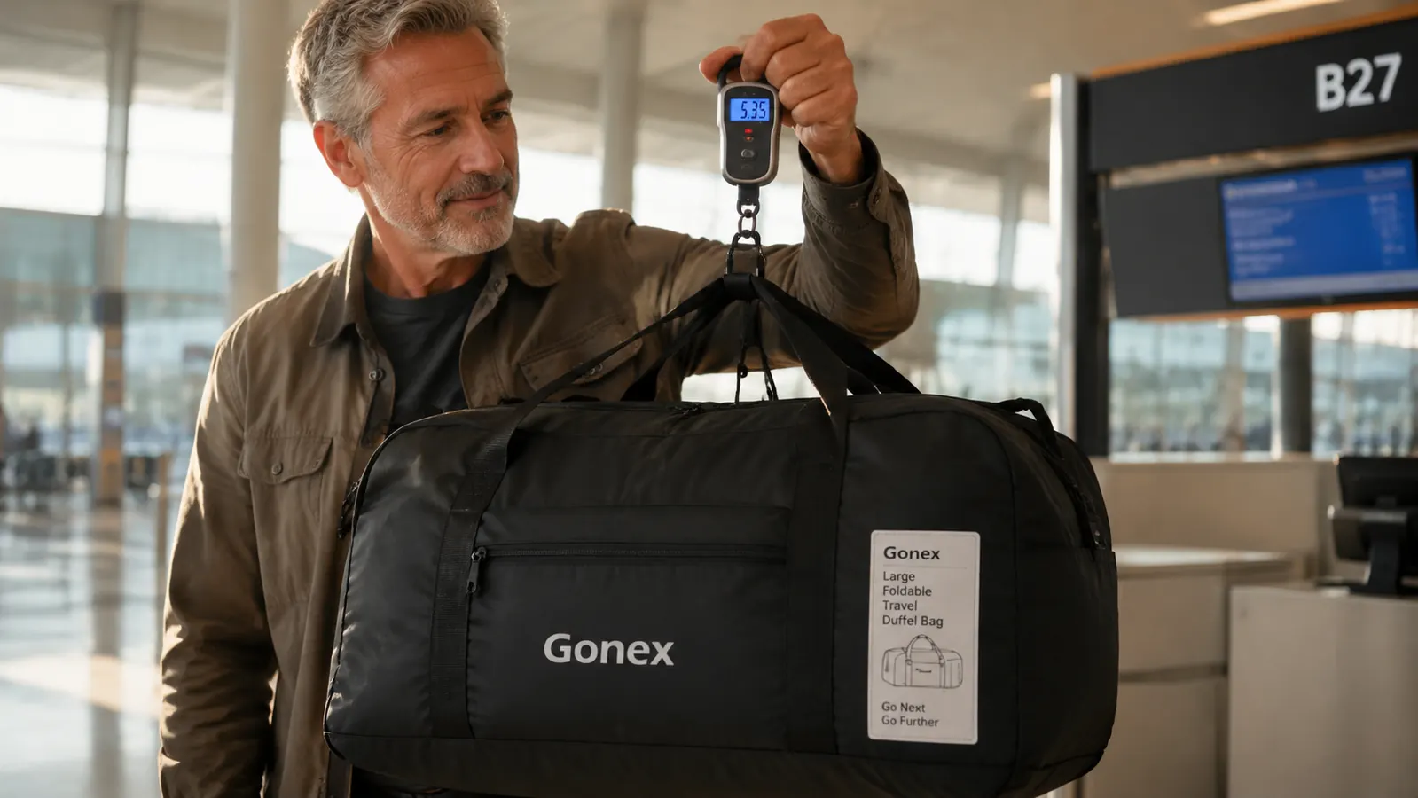 Hands unzipping the bottom shoe compartment of a Gonex duffel bag, a pair of worn hiking shoes visible inside