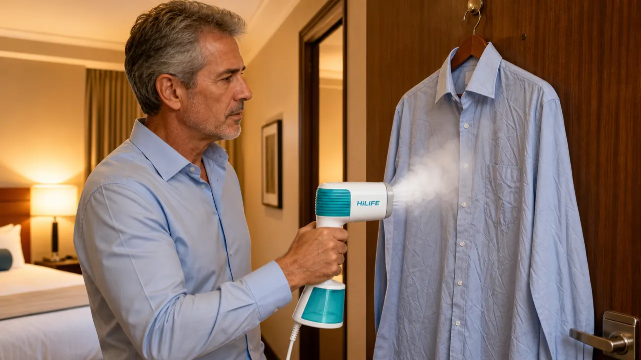 Hand holding the HiLIFE handheld steamer over a white dress shirt hanging from a hotel closet rod