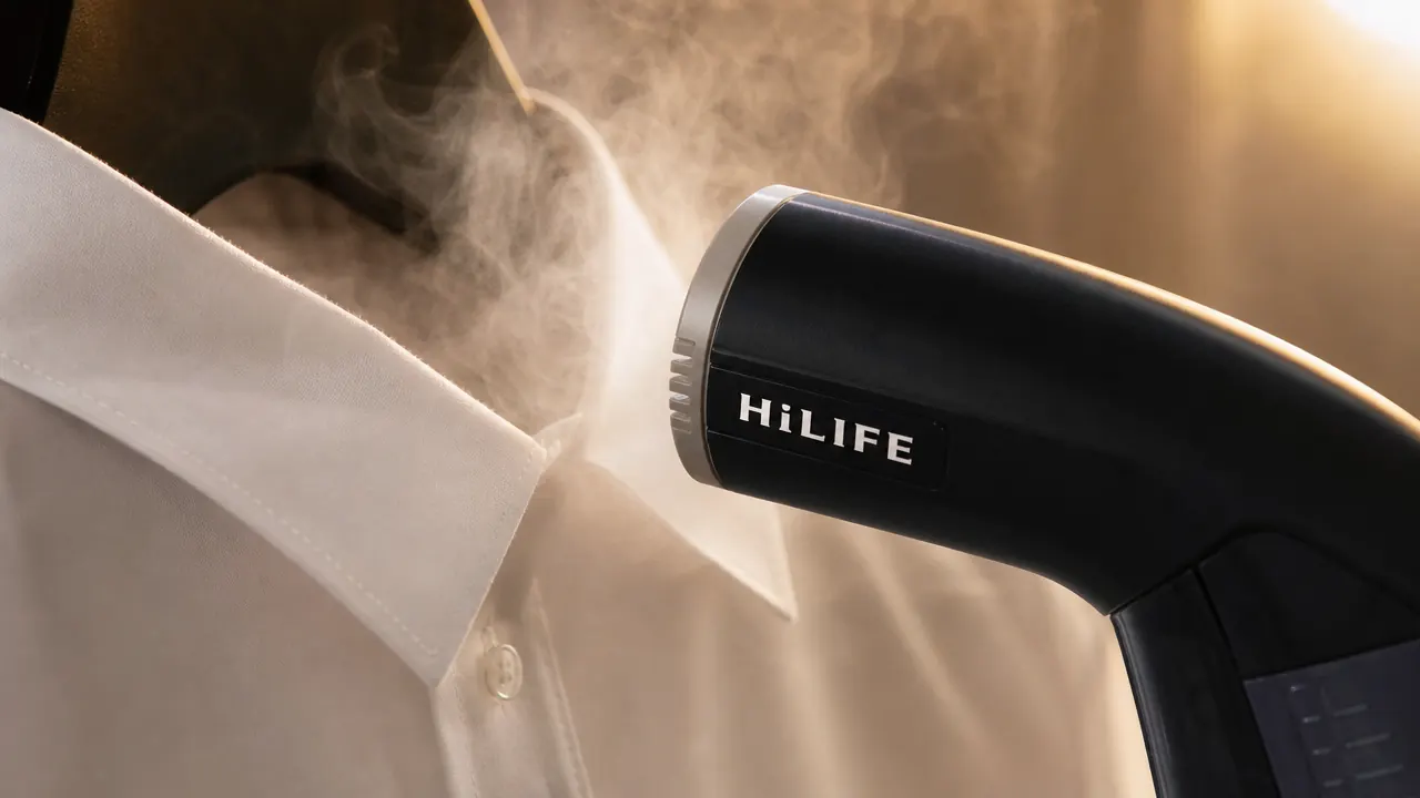 HiLIFE steamer standing upright on a bathroom countertop beside a folded shirt and toiletry bag