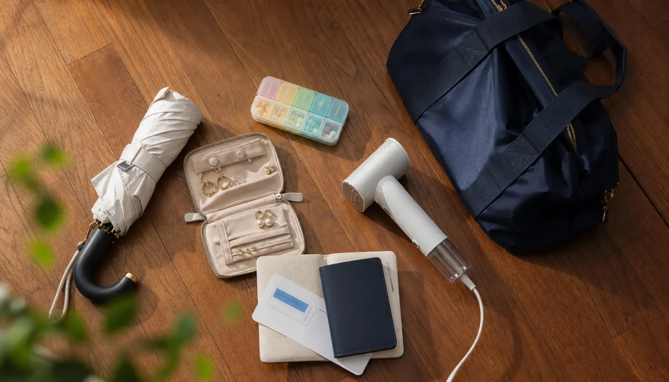 A traveler folding a packable duffel bag and small accessories into a carry-on near a sunlit window