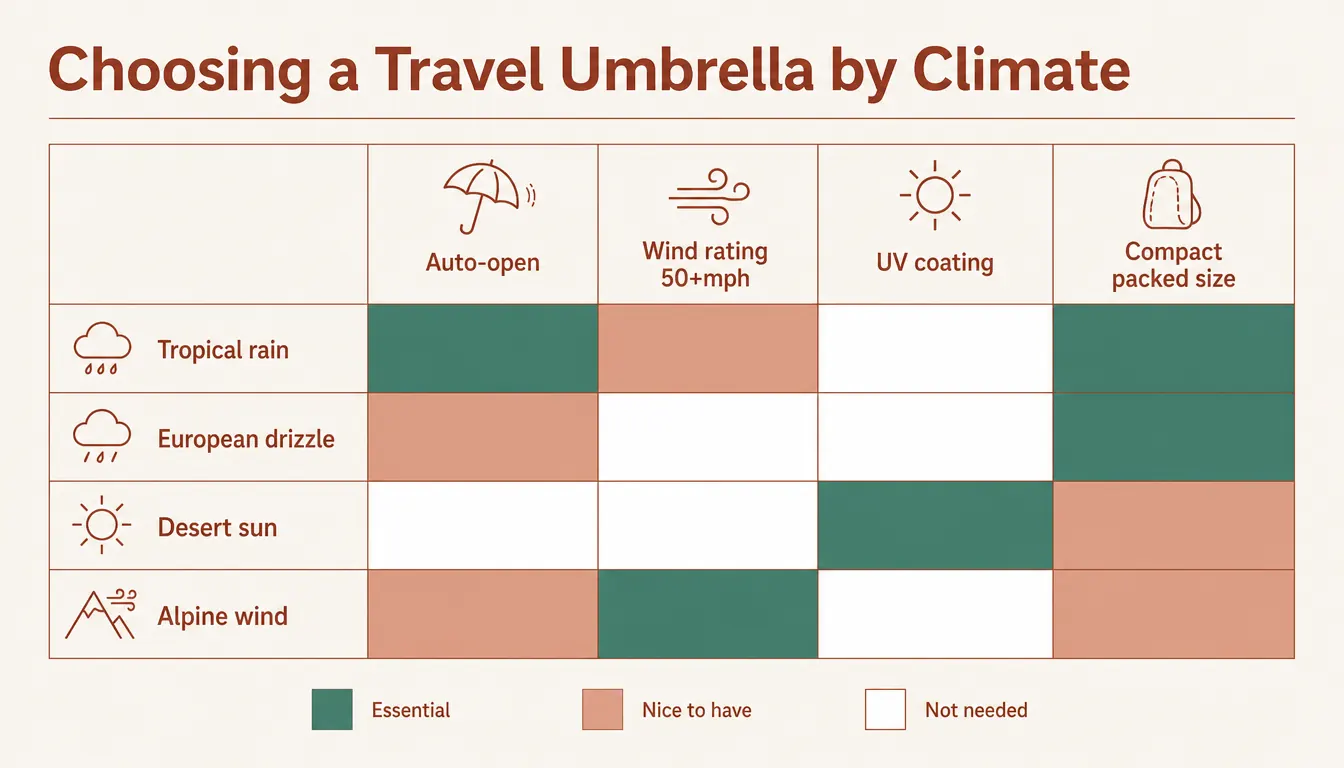 Comparison chart showing canopy diameter measurements for compact, mid-size, and golf umbrellas next to a carry-on bag silhouette
