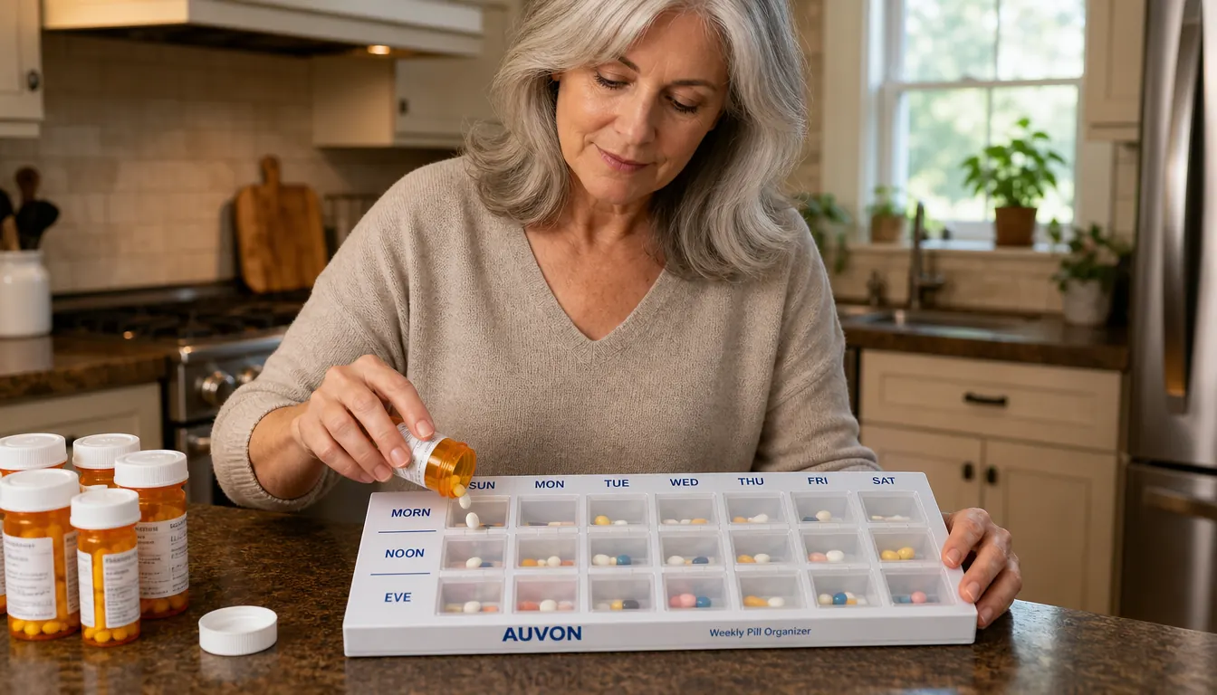 Hand filling the AUVON weekly pill organizer with daily medications before a trip
