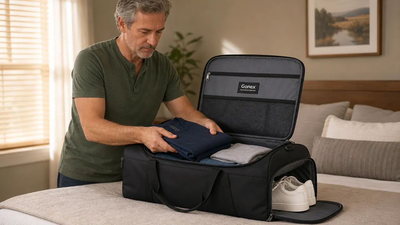 Hand placing a pair of sneakers into the separate shoe compartment of the Gonex duffel bag