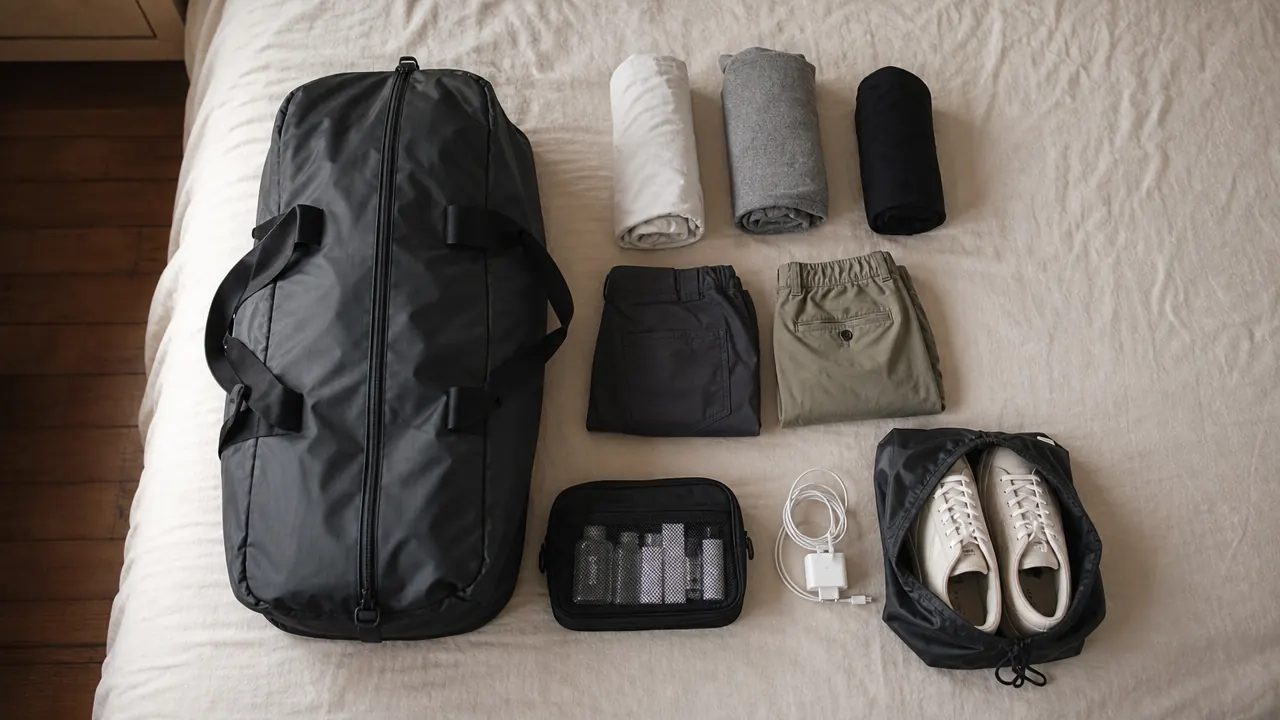 Flat lay showing a complete four-day carry-on packing list including rolled shirts, pants, toiletry bag, charger, and shoes