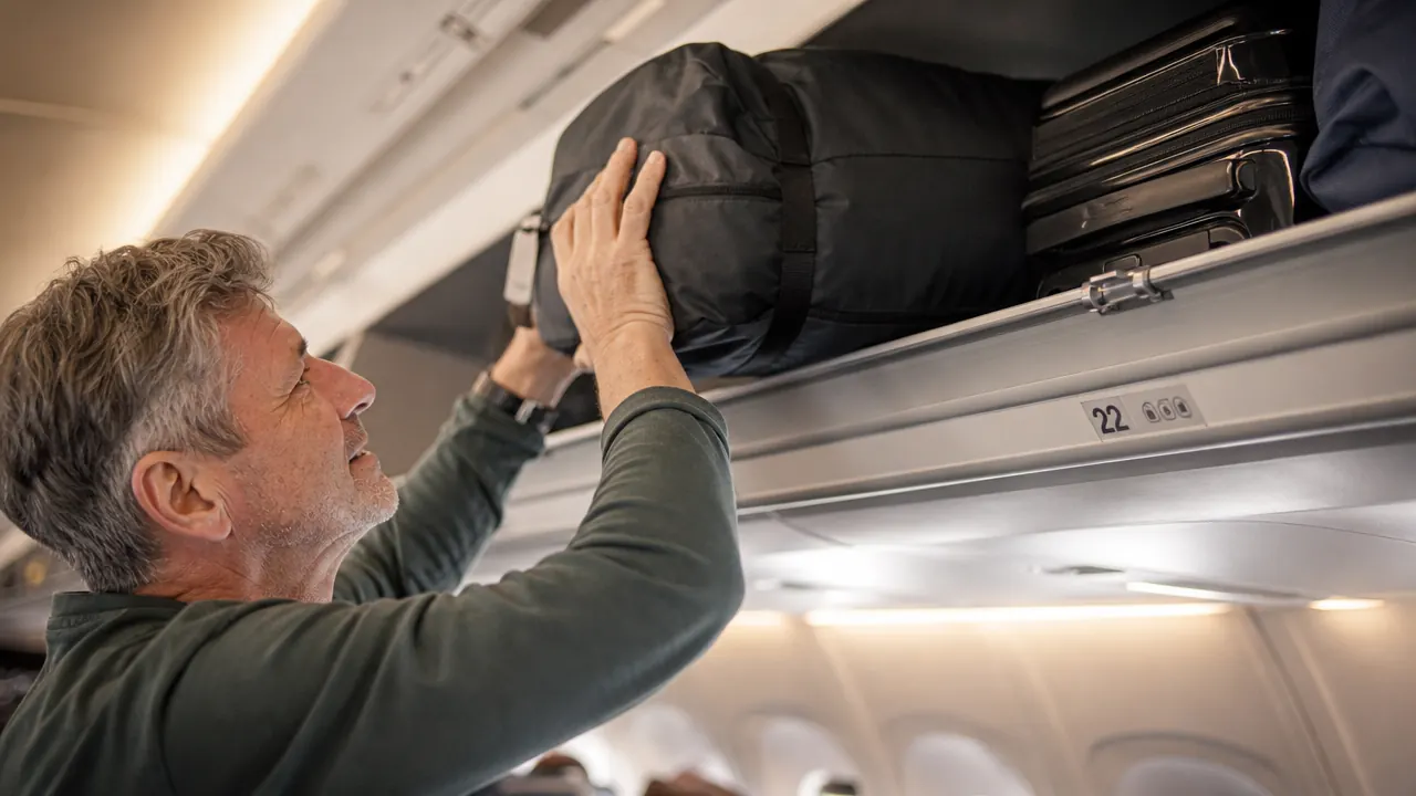Traveler zipping up a packed Gonex duffel bag at an airport gate, ready to board