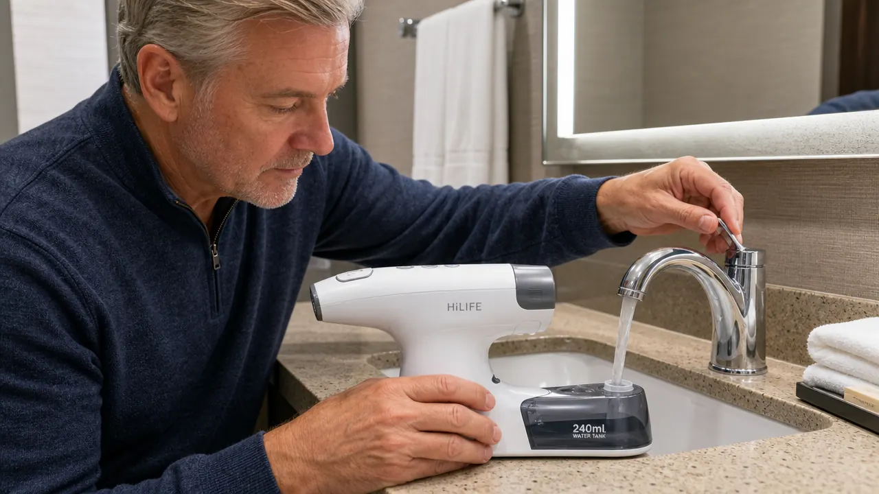 Hand holding the HiLIFE steamer two inches from a hanging linen shirt