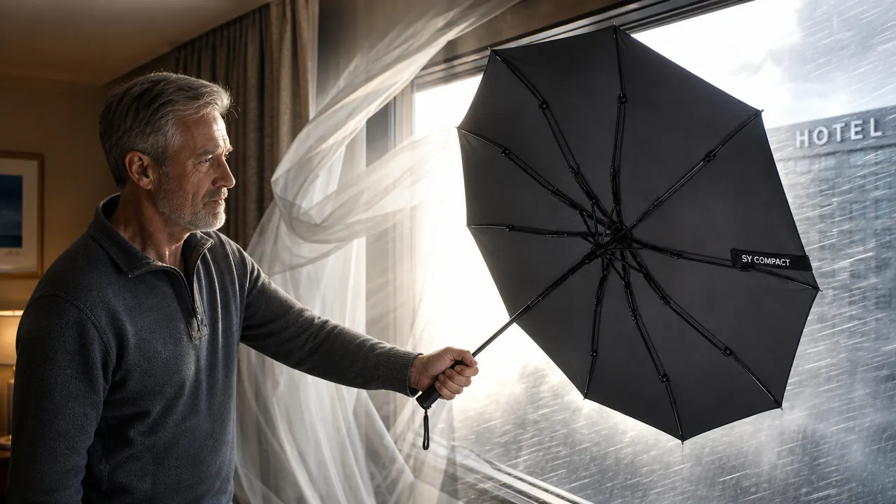 SY COMPACT umbrella open in one hand showing the canopy size relative to a person's shoulder width