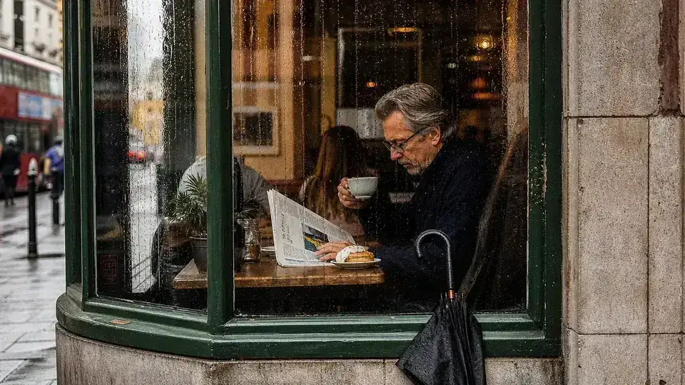 Traveler walking confidently through a rainy city street holding a compact umbrella, rolling bag behind them